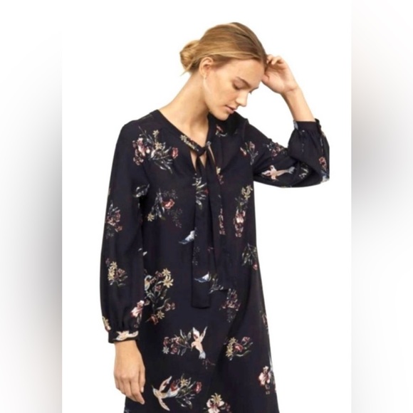 NWT H&M Black Bird Print MIDI Knee Length Dress Tie Neck Size 6 Fits Like M to L - Picture 1 of 6